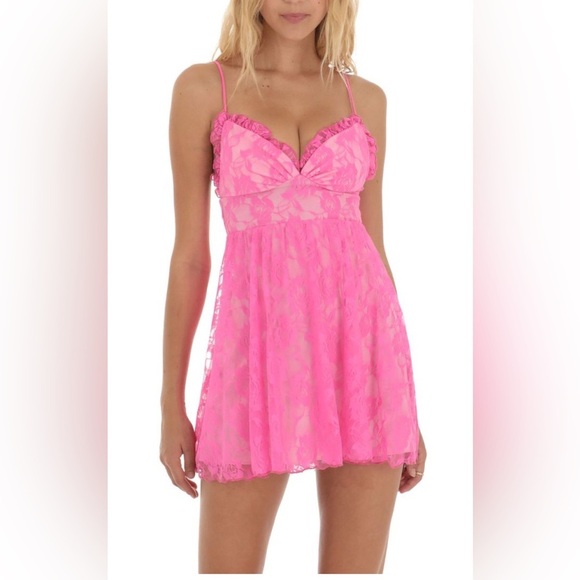 Lucy In The Sky  A-Lace Chemise A-line Dress in Vibrant Pink S - Picture 1 of 15